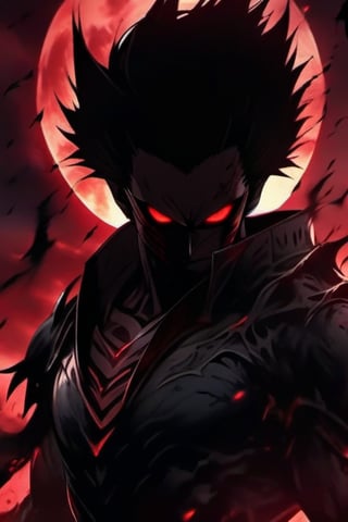 masterpiece,8k,super powerful anime protaganist villian sinister face red eyes.demon lord  perfect symetry,8k eyes,centered, upper body photography, , (black hair color with red highlights), manly short hairstyle, dark red eyes, glowy eyes, |sword fight against army of angels dark sky destroyed landscape ,Magical Fantasy style,4nime style