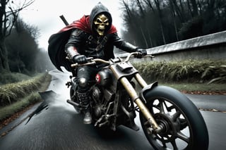 The caped Chainsaw biker, grotesquery, dark, eerie, hellish motorcycle, art by Yoann Lossel, spikes on wheels, bloody Macabre, 2000 AD comic style, red image filter, 3d ground view, High speed Slow motion, Dynamic motion blur, fisheye cam, dslr, raw photography, cinematic motion. 