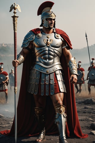 Full body picture, (Roman Centurion), bronze armor, red cape, (holding SPQR eagle staff:1.5), (standing tall over the battlefield), strong, rebellious, grunge, highly artistic, rough textures, incredible masterpiece, octane render, photorealism, hyperrealism, intricate details, ultra skin intricate clothes accurate hands, macro image detailed, shots, badass look, action, perfect eyes, best quality, extremely sharp focus face, analog fine film grain, cinematic, realistic, trending artstation, focus, studio photo, details, highly rutkowski, intricate, busy, raw, 4k, 8k, isometric, digital smog, 3d render, octane volumetrics, artwork masterpiece, ominous, matte painting movie poster, golden ratio, cgsociety,detailmaster2