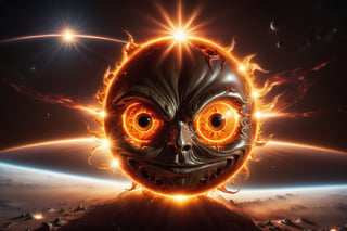 Award-wining sci-fi digital art, (a Gigantic fiery sun with eyes, sarcastically smiling:1.4), in a collision path with a planet, (a rocket spaceship flees into open space towards the camera:1.2), intricate details, galactic aura symphony. 