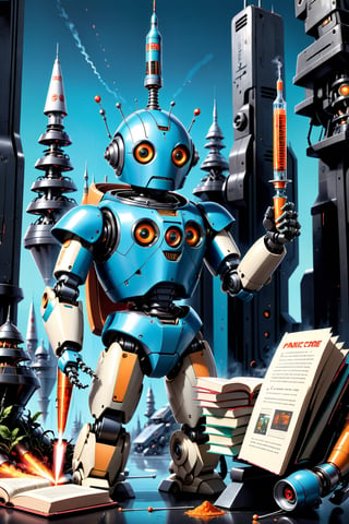 Retro futurism visions, attack of the syringe (retro robot:1.2), cone shaped, Robotcore, (panic humans:1.2), reminescence of Sci-fi 1950s books. (score_9, score_8_up, score_7_up, score_6, score_5, score_4). ,3d style