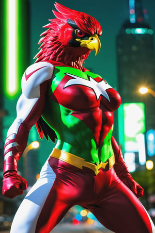 (Red hawk a super hero girl:1.3), white and red suit, (white eyes:1.3), (skinny ripped extremely muscled:1.3) , (big uppy boobs:1.4), wonder face, cowboy shot, punching the air, city scenery, (green energy glow:1.4), hyperrealistic art, extremely high-resolution details, photographic, realism pushed to extreme, fine texture, incredibly lifelike, Laser sharp Immense detail, Blurred Motion, Realistic 3d glossy effect ,detailmaster2,realg,neon,3d toon style