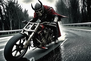 The caped Chainsaw biker, grotesquery, dark, eerie, hellish motorcycle, art by Yoann Lossel, spikes on wheels, bloody Macabre, 2000 AD comic style, red image filter, 3d ground view, High speed Slow motion, Dynamic motion blur, fisheye cam, dslr, raw photography, cinematic motion. 