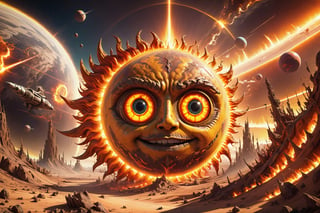 Award-wining sci-fi digital art, (a Gigantic fiery sun with eyes, sarcastically smiling:1.4), in a collision path with a planet, (a rocket spaceship flees into open space towards the camera:1.2), intricate details, galactic aura symphony. 