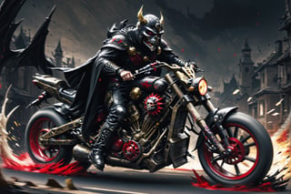 The caped Chainsaw biker, grotesquery, dark, eerie, hellish motorcycle, art by Yoann Lossel, spikes on wheels, bloody Macabre, 2000 AD comic style, red image filter, 3d ground view, High speed Slow motion, Dynamic motion blur, fisheye cam, dslr, raw photography, cinematic motion. 