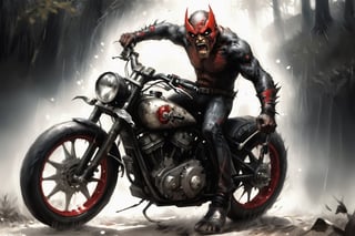 The caped Chainsaw biker, grotesquery, dark, eerie, hellish motorcycle, art by Yoann Lossel, spikes on wheels, bloody Macabre, 2000 AD comic style, red image filter, 3d ground view, High speed Slow motion, Dynamic motion blur, fisheye cam, dslr, raw photography, cinematic motion. 