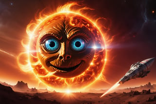 Award-wining sci-fi digital art, (a Gigantic fiery sun with eyes, sarcastically smiling:1.4), in a collision path with a planet, (a rocket spaceship flees into open space towards the camera:1.2), intricate details, galactic aura symphony. 