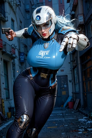 (insanely Slim fit, sexy robot cop woman:1.4), (wearing full metallic matte light blue grey smooth armor:1.3), rounded smooth shapes, (huge breasts:1.2), (wearing a full steel beautiful face helmet:1.3), commanding action pose, (handling a long automatic sci-fi pistol:1.3), night scene, police red and blue lights, score_9_up, score_8_up, score_7_up,