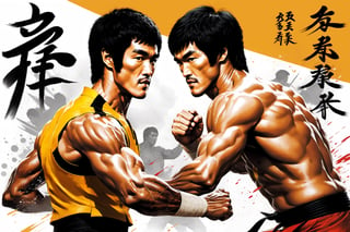 2 fighters in the street, (Bruce Lee:2.5), vs. (Hakuhō Shō sumo:2), (fighting game style:2), in the style of simon bisley, Karol Bak, Reiq, dynamic, vibrant, action-packed, detailed character design, reminiscent of fighting video games, Dynamic motion blur, silverpoint, infinite detail to every pore, 