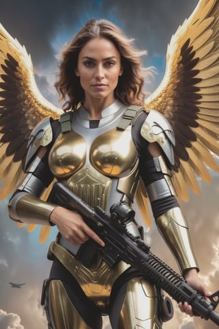 (Archangel Gabriela, angry face with a smirk :1.2), (armed with a realistic heavy machinegun:1.2), descending from the skies, 8k, dynamic lighting, hyperdetailed, intricately detailed, volumetric lighting, Canaletto photorealism movie poster, stunning, mythical being, energised, molecular textures, iridescent scales armor, breathtaking beauty, pure perfection, divine presence, unforgettable, impressive, auras, rays, reflects. 