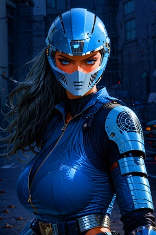 (insanely Slim fit, sexy robot cop woman:1.4), (wearing full metallic matte light blue grey solid armor:1.4), rounded smooth shapes, (huge breasts:1.2), (wearing a full steel beautiful face helmet:1.3), commanding action pose, (handling a long automatic sci-fi pistol:1.3), night scene, police car red and blue lights, score_9_up, score_8_up, score_7_up, 