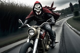 The caped Chainsaw biker, grotesquery, dark, eerie, hellish motorcycle, art by Yoann Lossel, spikes on wheels, bloody Macabre, 2000 AD comic style, red image filter, 3d ground view, High speed Slow motion, Dynamic motion blur, fisheye cam, dslr, raw photography, cinematic motion. 