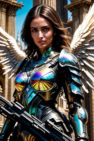 (Archangel Gabriela, angry face with a smirk :1.2), (armed with a realistic heavy machinegun:1.2), descending from the skies, 8k, dynamic lighting, hyperdetailed, intricately detailed, volumetric lighting, Canaletto photorealism movie poster, stunning, mythical being, energised, molecular textures, iridescent scales armor, breathtaking beauty, pure perfection, divine presence, unforgettable, impressive, auras, rays, reflects. 