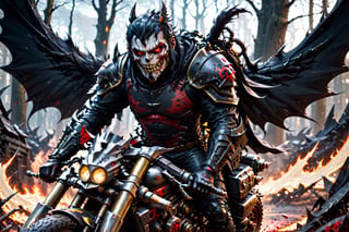 The caped Chainsaw biker, grotesquery, dark, eerie, hellish motorcycle, art by Yoann Lossel, spikes on wheels, bloody Macabre, 2000 AD comic style, red image filter, 3d ground view, High speed Slow motion, Dynamic motion blur, fisheye cam, dslr, raw photography, cinematic motion. 