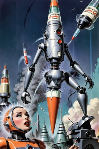 Retro futurism visions, attack of the syringe (retro robot:1.2), cone shaped, Robotcore, (panic humans:1.2), reminescence of Sci-fi 1950s books. (score_9, score_8_up, score_7_up, score_6, score_5, score_4). 