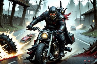 The caped Chainsaw biker, grotesquery, dark, eerie, hellish motorcycle, art by Yoann Lossel, spikes on wheels, bloody Macabre, 2000 AD comic style, red image filter, 3d ground view, High speed Slow motion, Dynamic motion blur, fisheye cam, dslr, raw photography, cinematic motion. 