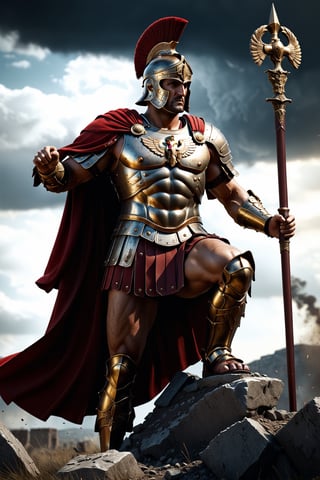 Full body picture, (Roman Centurion), bronze armor, red cape, (holding SPQR eagle staff:1.5), (standing tall over the battlefield), strong, rebellious, grunge, highly artistic, rough textures, incredible masterpiece, octane render, photorealism, hyperrealism, intricate details, ultra skin intricate clothes accurate hands, macro image detailed, shots, badass look, action, perfect eyes, best quality, extremely sharp focus face, analog fine film grain, cinematic, realistic, trending artstation, focus, studio photo, details, highly rutkowski, intricate, busy, raw, 4k, 8k, isometric, digital smog, 3d render, octane volumetrics, artwork masterpiece, ominous, matte painting movie poster, golden ratio, cgsociety,detailmaster2