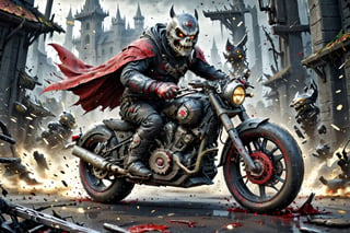 The caped Chainsaw biker, grotesquery, dark, eerie, hellish motorcycle, art by Yoann Lossel, spikes on wheels, bloody Macabre, 2000 AD comic style, red image filter, 3d ground view, High speed Slow motion, Dynamic motion blur, fisheye cam, dslr, raw photography, cinematic motion. 