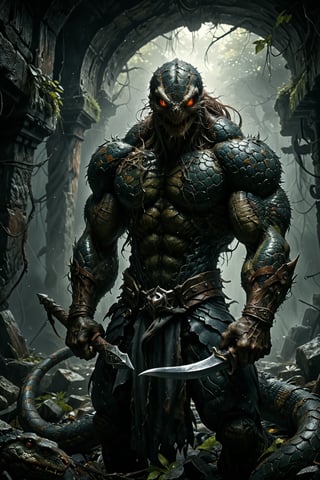 Dungeons & Dragons simon bisley art style, (realistic Anthropomorphic monster Snake with human torso:1.3), Extremely muscled and bulky, (Immensely detailed Snake full body, Rough skin, Scaly skin, Textured skin:1.2), (wearing armor:1.2), (holding a large big broad sword in hand:1.4), rpg style, sharp focus, Immense detail, low light, (ancient dark gloomy dungeon filled with fog, bones, old rusty weapons:1.2), spider webs, aged, decayed, mossy, Chiaroscuro, action, (Glittering close up, reflective eyes, rim lighting, lights, detailed eyes), cinematic, hyperrealistic art, extremely high-resolution details, photographic, realism pushed to extreme, fine texture, incredibly lifelike, dark, 