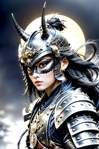  Art by Karol Bak, luis royo, Peter Mohrbacher, Derrick Che, (realistic samurai shogun:1.3), (dark matte grey lord armour:1.3), black oni mask, empty eyes , Extremely Realistic, cinematic moviemaker style, cowboy shot, ,3d toon style