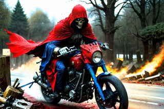 The caped Chainsaw biker, grotesquery, dark, eerie, hellish motorcycle, art by Yoann Lossel, spikes on wheels, bloody Macabre, 2000 AD comic style, red image filter, 3d ground view, High speed Slow motion, Dynamic motion blur, fisheye cam, dslr, raw photography, cinematic motion. 