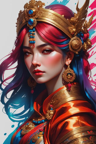 Maximaliset Rococo. Astral Escape! Splash art, portrait of Vietnamese, red indigo haired Vietnamese, StarCraft Inspired, epic, artstation, splash style of colorful paint, contour, hyperdetailed intricately detailed, fantasy, unreal engine, fantastical, intricate detail, splash screen, complementary colors, fantasy concept art, 16k resolution, deviantart masterpiece, oil painting, heavy strokes, paint dripping, splash arts, neon ambiance, muted colors, watercolor style, filigree detailed, rim lighting, magic, surreal, fantasy, ultra, realistic, sharp features, highly detailed, sharp focus, muted colors, perfect face, perfect eyes, perfect full lips, supple female form, vivid, cinematic, Film light, Hyper detailed, Hyper realistic, masterpiece, atmospheric, high resolution, vibrant, dynamic studio lighting, wlop, Glenn Brown, Carne Griffiths, Alex Ross, artgerm and james jean. spotlight, tilt shift camera.,oni style