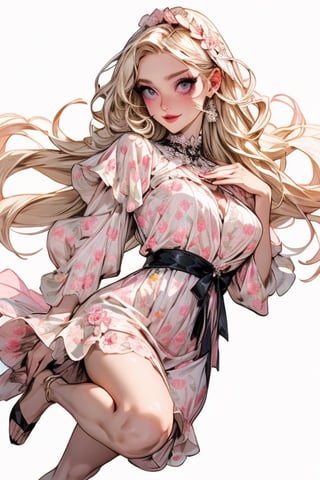 One woman ,Godness, Aphrodite, (caucasian_pale_white_female:1.5) , light_blue_eyes , detailed eyes , large_breasts , blonde_hair  , perfect legs , barefoot , slim thicc , masterpiece  , ultra detailed , ("detailed background") , perfect shading , high contrast , best illumination , light smile , long_hair , straight_hair , (make-up) , (pink eye shadow) , (black eye liner) ,very long pink Vintage women's elegant summer floral long dress , full-body_portrait,lolita_dress, jewellery, ,nijistyle