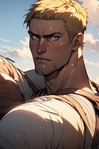 ((Reiner Braun \*Attack on Titan\))), 8k, HQ, Male focus, masculine, photorealistic, Shiny_skin,
Reiner_braun, Marley Arc,(MkmCut),reiner braun, handsome male, ((Gaotee, bearded,)) ,reiner_braun,nijistyle