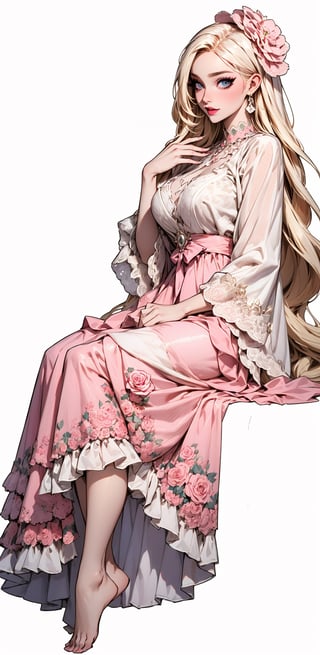 One woman ,Godness, Aphrodite, (caucasian_pale_white_female:1.5) , light_blue_eyes , detailed eyes , large_breasts , blonde_hair  , perfect legs , barefoot , slim thicc , masterpiece  , ultra detailed , ("detailed background") , perfect shading , high contrast , best illumination , light smile , long_hair , straight_hair , (make-up) , (pink eye shadow) , (black eye liner) ,very long pink Vintage women's elegant summer floral long dress , full-body_portrait,lolita_dress, jewellery, ,nijistyle