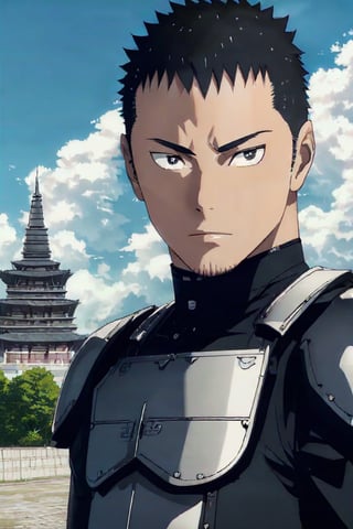 A majestic 8k portrait of Hibino Kafka, a lone figure standing proudly outdoors. He's dressed in dark armor, his short, jet-black hair gelled to perfection. His piercing black eyes seem to bore into the viewer, his closed mouth conveying quiet confidence. A subtle stubble adds texture to his chiseled features. The sky above is a brilliant blue, with only a few wispy clouds drifting lazily across it. In the background, a grand building rises, its architecture a testament to Kafka's strong sense of self. The focus remains solely on him, his powerful upper body and piercing gaze drawing the viewer in.