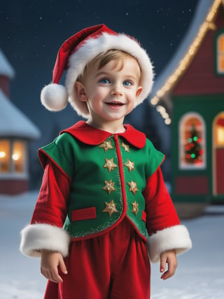 little boy realistic detailed, human boy, ((with perfect elf ears, pointed ears, elf ears, realistically detailed modeled, with make up, with plastic, on boy ears)), perfectly realistic disguise, costumed as Santa's helper, elf, detailed realistic human skin, eyes, hands, fingers, eyes, portrait with a wide-angle view, capturing the Santa Claus near boy elf, many vibrant color stars, snow faling, red, green, white color scheme, splashes, santa elf, one little cute little boy with a big smile, red cheeks, (((wearing big blue eyes))), (((red color hair))), (((wearing on had red color pointy hat conical shape with a pointed tip, folded on a third part, white round puff at the end))), (((green color wide brim at the base of hat))), (((dark_red color bangs, sticking out from under hat))), ((( red festive tunic))), (((wearing green vest with embroidered stars all over surface, with short pleated sleeves, embroidered with realistic detailed red thick thread, around a sewn row brown leather buttons, large pockets))), detailed and intricate environment, intricate image, extraordinary, artistic, ((masterpiece)), (((best quality))), ((ultra detail)), 48K, UHD, RAW image, (((high definition))), ((extremely realistic)), (reflections), nice face, perfect anatomy, simetrical eyes, detailed eyes, golden ratio, professional, highly detailed, intricate, volumetric lighting, gorgeous, masterpiece, sharp focus, depth of field, perfect composition, many vibrant color stars, snow faling, red, green, white color scheme, splashes, unreal Santa haus, snow all around, waling snow, unreal stars on night sky, Masterpiece, 1boy

#Christmas