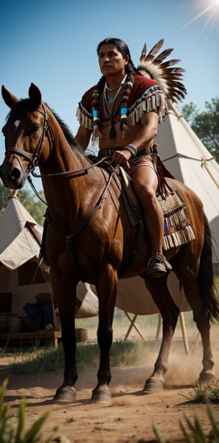 Create a digital, sharp photo, taken with the main camera on phone Apple "iPhone 15 Pro", Realistic anathomy, Chief of the tribe, on the realistic detailed horse. Create a digital, wide sharp, realistically detailed background of the Cherokee Indian tribe, Indian teepee three closed tent. In the background, realistically detailed Indian horses, realistic natural ground from dust. Cherokee Indian men and women, realistically historically detailed Native American Indian. Realistic shadows. 48K, UHD, RAW. Realistic high lumen light, mistical shadows. Realistic shadows. Masterpiece.