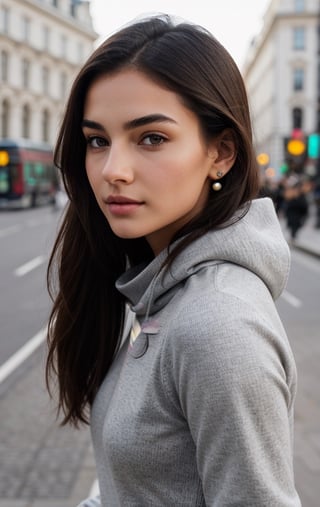 Background: Piccadilly Circus, London, United Kingdom. Lots of people, realistic bodies, perfect looking, perfectly drawn, not deformed. Perfectly detailed buildings and objects, inscriptions in English, Latin.

Dressed in: "Under Armor" sweatshirt, with a hood, perfectly fit denim jeans pants, beige mistakes, on feet white "Under Armor" snickers, a small backpack on the girl's back,pastel yellow color, prominent bust.

1Girl, Nice 21 year old girl, look like Alina Ilnazovna Zagitova, figure skater, born 18 May in Russia, stands on the street, with full body, with closed natural mouth, lips bright of lips gloss, serious mood, no makeup, look like actress, real life, perfect photo realistic picture, detailed realistic beautiful eyes, medial commissure of the eye is well defined and points downwards, eyes have a positive tilt of 8.9 degrees, sharp features, positive tilt give striking and seductive look, gray-blue- greenish color well-defined limbal rings makes eyes stand out even more, girl eyes are well perfect spaced, the sclera is white with no scleral exposure, no mistakes on the eyelids, human perfect eyelids, symmetric detailed eyes, symmetric detailed eyeballs, mysterious nice  eye iris, sharp and well defined eyes are almond-shaped, eyes length is 2.9 times greater than their eyes height, distance between the inner eye corners is the same measurement as an eye, the perfect distance between the center of the pupils corresponds to 48%, eyes are deep-set and well-adjusted in the sockets, perfect upper eyelids have minimal exposure, eyebrows are dark, thin and practically straight positively tilted, the margin between eyes and the eyebrows is small, elongated eyes and straight low eyebrows makes look unique and exotic. The nasofrontal angle is 133 degrees, perfect value, midface and nose are very attractive. Midface of girl is compact with a great 1 to 0.9 aspect ratio, her cheekbones  are moderately pronounced. Girl has a well-developed maxilla. Girl nose is small and delicate, her nostrils have a good slant. The nasofacial angle is 105 degrees, a great value, nose is thin and well proportioned, its width corresponds to ¼ of the width of the face, midl face is perfect harmonious, bridge of girl nose has a good inclination in relation to her face, nasofacial angle is 35 degrees aesthetically perfect. Realistic face with perfect shorter snub nose, attractive girl, like photo-model, (((perfectly detailed skin in a strikingly pleasant dark bronze tone))), perfectly detailed face skin complexion, narrower facial physiognomy, skin with small pores, skin flaws, skin has a warm tone, smooth and rounded contours with a good distribution face fat. Nice fingers, real human nails, seductive gaze, perfect body natural posture, natural limbs, long legs, straight hair, two arms, two legs, one head, realistic shadows, mystical lighting, 16K, UHD, RAW Photography, body facing the viewer, showing to viewer, little seduce, (real shadows), cinematic light.
Dressed in: ((light gray slim cashmere sweater, under the sweater a white shirt with thin, thick black studs, the ends of the shirt sleeves sticking out, and the collar turned over, (((black))) fitted leather pants, ankle black boots, a black sky matte bag over the shoulder.)), no thin, no skinny
