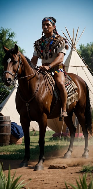 Create a digital, sharp photo, taken with the main camera on phone Apple "iPhone 15 Pro", Realistic anathomy, Chief of the tribe, on the realistic horse. Create a digital, wide sharp, realistically detailed background of the Cherokee Indian tribe, Indian teepee three closed tent. In the background, realistically detailed Indian horses, realistic natural ground from dust. Cherokee Indian men and women, realistically historically detailed Native American Indian. Realistic shadows. 48K, UHD, RAW. Realistic high lumen light, mistical shadows. Realistic shadows. Masterpiece.