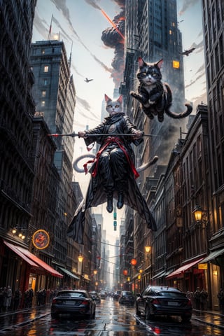 (masterpiece, top quality, best quality:1.2), (detailed), (1 man), jedi cat in a cape, semi-human, half-human, (cat-headed:1.2), fluffy tail, human body, super-vilian, dangerous, unleeshed power, epic scene, action, fantasy, flying over destroyed city, power-hungry, (full body view), panoramic view, wide shot, glowing eyes, big city,weapon