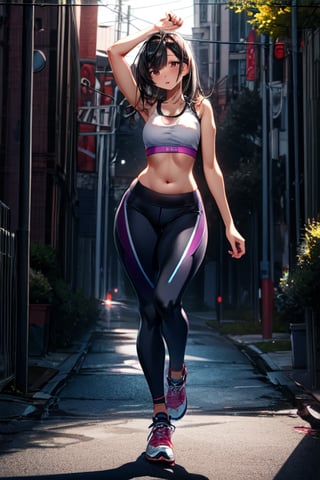 Small black hair, sportswear , sports bra, clevage, full body, high ankle shoes ,standing straight, prefer anatomy, athletic body, wide hips, thicc_thighs