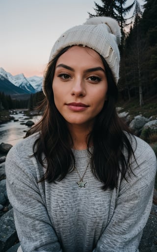 photorealistic, best quality, hyper detailed, beautiful woman, selfie photo, upper body, solo, wearing pullover, outdoors, (night), mountains, real life nature, stars, moon, (cheerful, happy), sleeping bag, gloves, sweater, beanie, flashlight, forest, rocks, river, wood, smoke, fog, clear sky, analog style, looking at viewer, skin texture, film grain, close up, ultra high res, best shadow, RAW, instagram LUT