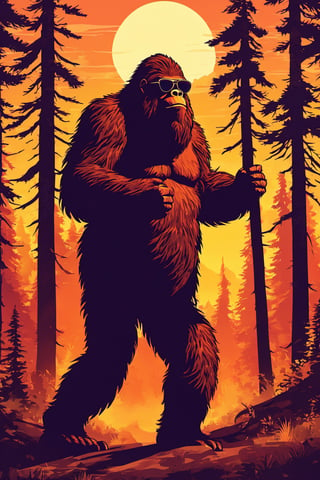 bigfoot sasquatch wearing sunglasses and walking in the forest, background sunset and mountain, full illustration