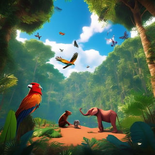  Amazon rainforest , sky, trees, wildlife, camp, different animals,beautiful, creative, doodle, unreal engine 
colourful,8k
