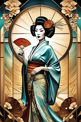 Professional photo of Art Deco Geisha. Inspired by St. Jinx’s. Art Deco meets Japanese Ukiyo-e. alcohol ink , detailed portrait of Art Deco young caucasian Geisha. Waist up. By Dreamer. detailed face. dark fantasy. apocalypse.  Art deco ambience,  realistic. Art deco clothing design.  ultra wide angle lens ,glowing , HDR. Vilhelm Pedersen,digital illustration. Extreme camera angle.  Broken Glass effect, art deco. stunning, something that even doesn't exist, mythical.  energy, molecular, textures, iridescent and luminescent outfit, breathtaking beauty, pure perfection, divine presence, Volumetric light, auras, rays, vivid colors. High contrast. Centered.