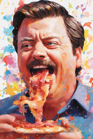 Ron Swanson eating bacon. 
 dripping paint, high_resolution, ultra quality, good art, noise_reducer, splashing paint, colorful, bright and vivid colors, white background, correct anatomy, detailed, action in motion, sharp focus, centered, masterpiece, 3d background