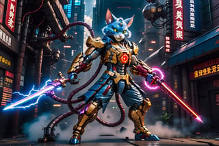 A Hi-Tech tom and jerry, seing face cyberpunk style random color    , blue liquid samurai suit, Custom epic design, shining body, battle stance  glowing look, full shining suit, body, hues.,steampunk style,cyberpunk style,mecha, perfect custom Hi-Tech suit, holding glowing lightning sword, weapon master, dynamic light ,fignting glowing red sword , redsmoke
