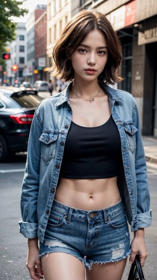 ((medium breast, tomboy girls, small head)), daylight, sunlight, (chiseled abs : 1.1), (perfect body : 1.1), (short wavy hair : 1.2) , auburn hair, collar, chain, full body shot, crowded street, wearing black tanktop, jeans jacket, ((shorts)), (extremely detailed CG 8k wallpaper), (an extremely delicate and beautiful), (masterpiece), (best quality:1.0), (ultra highres:1.0),  beautiful lighting ,perfect lightning, realistic shadows, [highres], detailed skin, ultra-detailed 