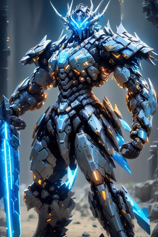 A power full warrior, wearin_armor with bioluminescence light strip on it, in victory mood,holding picker(picker having crack and crack fill with bioluminescence light) ,high_resolution, 8k,coocolor,muscular body,(full body),mecha,Origami 