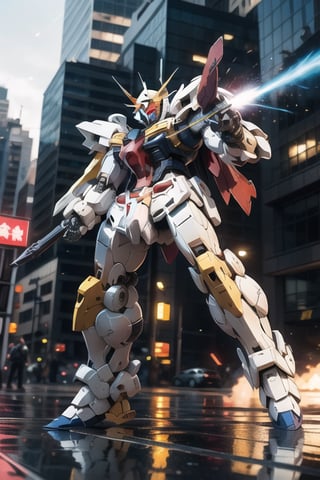 Realistic, (masterpiece1.2), (Ultra HDR quality),
City chaos unfolds as Gundam Mobile Suits of opposing factions collide in the blazing cityscape. The artwork depicts combat in a "dynamic" style, emphasizing the kinetic energy of the gundam's movement. The mood is a mix of danger and determination, reflecting the gravity of the situation. Illuminated by an explosive beam, the lighting style provides an intense and fiery atmosphere. This illustration is drawn in the style of Yoshiyuki Tomino. T-shirt design graphic, vector, contour, white background.

full body armor Black high detail and gold section detail, hitech armor detail, lethal look, cybernetic, perfect solid eyes, Mecha, black mask, proportional body, (gundam color: Black,White,yellow) gundam claw color:yellow BLACK GUNDAM