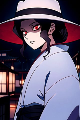 wears a white hat and has red eyes like a demon being in a japanese city he almost looks like michael jacson detailed images neat at night