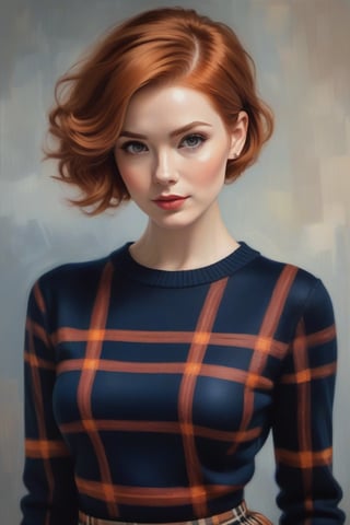 Oil Painting Art.Waist up portrait of a 30 years old classy slim minx elegant woman, classy makeup, ginger hair color, pixie hair cut, short_sleaves  silk sweater, low_waist skater plaid_skirt