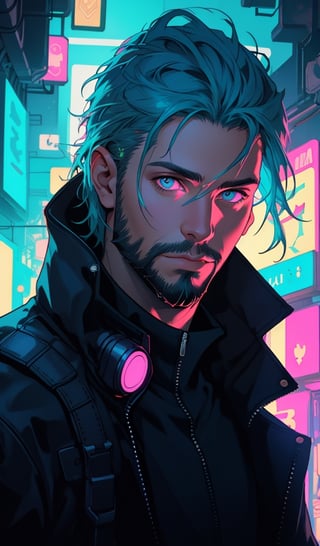 professional portrait of a bearded man, jacket, mascular, neon lighting, neon hair, cyberpunk style art, cyberpunk style background, robotic body, highly detailed, high resolution, ultra realistic, hyperrealistic, upper body close-up,