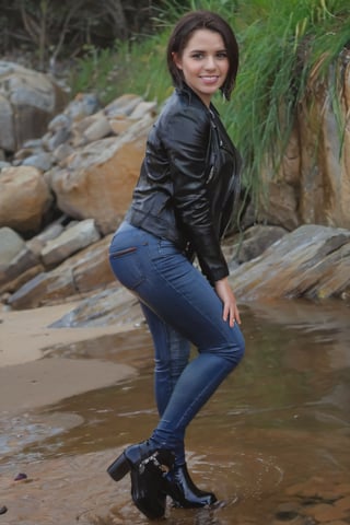 Wet girl in high waiste skinny jeans, leatherjacket, boots, completly soaked wet, perfect hands, side view, big ass, looking in the camera, beautiful smile, cute make up, big lashes, hourglass figure, emo haircut, sitting on the rocks, perfect anatomy, SoakingWetClothes,Extremely Realistic,round ass,photo r3al,soakingwetclothes,FilmGirl