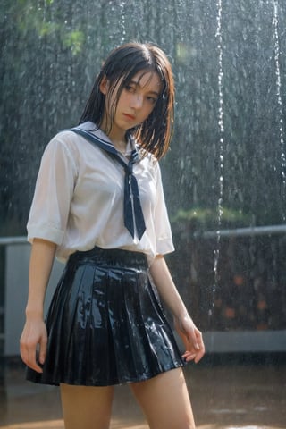 xxmixgirl, 1 woman, detailed face, Japanese style high school playground, detailed background, completely wet, wet hair, cinematic shadows, dramatic lighting by Bill Sienkiewicz, (Simple PositiveXLv1: 0.7), xxmix_girl, aesthetic portrait, sailor suit, skirt, shirt, pantyhose, shoes, wet clothes, heavy rain